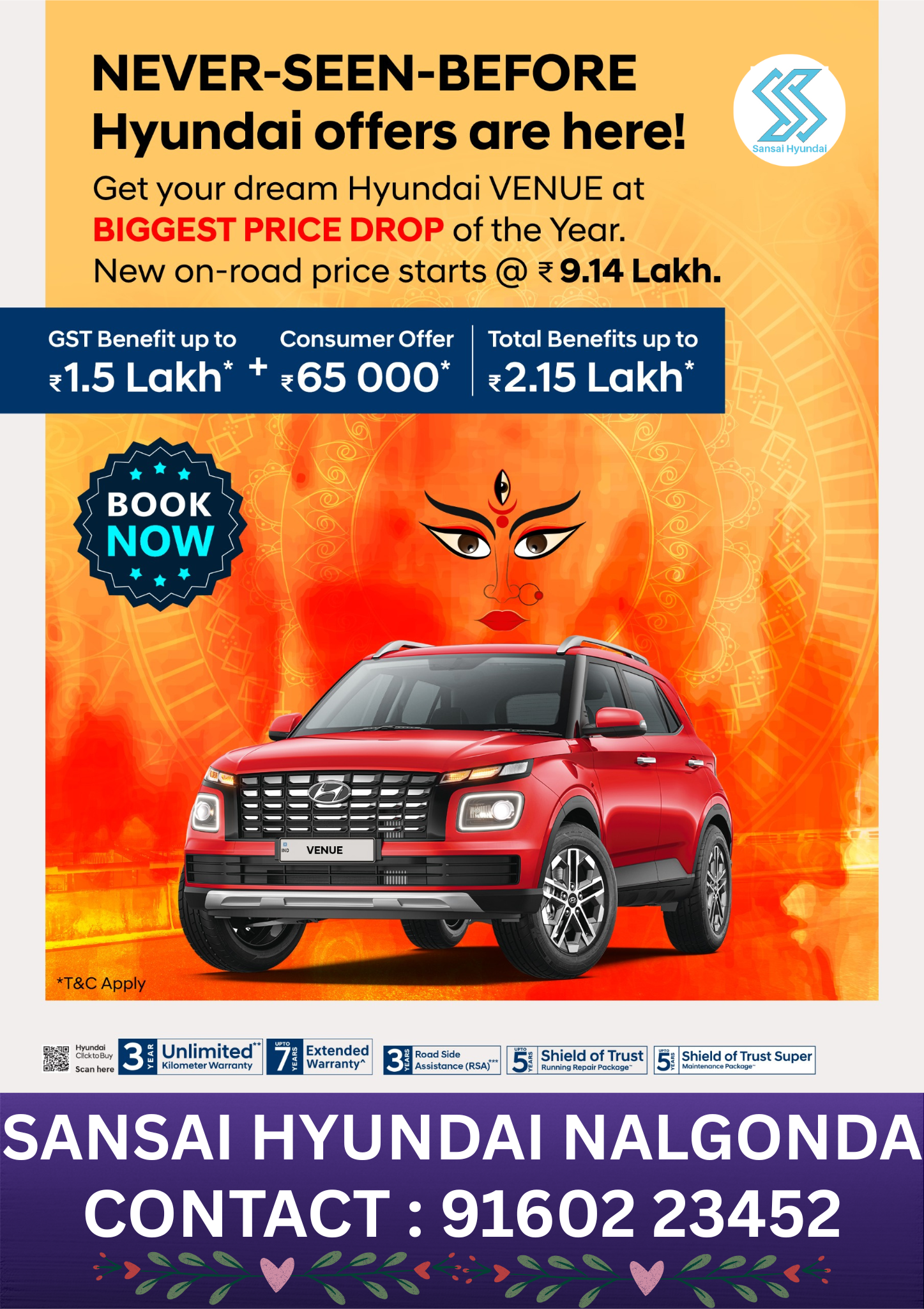 Hyundai VENU on-road offer at Sansai Hyundai Nalgonda with up to 2.15 Lakh benefits including GST and consumer discounts. New price starts from 9.14 Lakh.